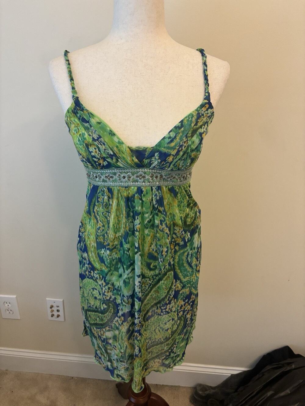 City Triangles Vintage Dress Y2K Embroidered Boho Green & Blue Size S